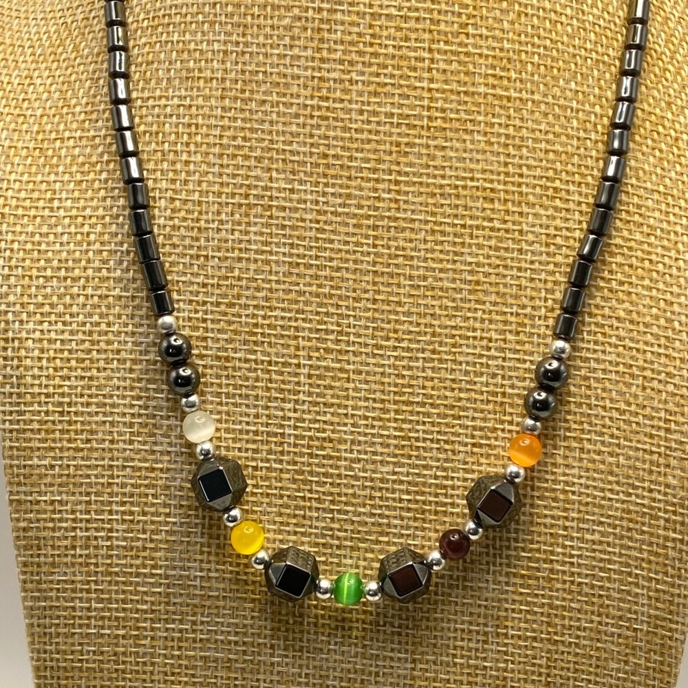 Vintage Necklace Hematite Stone Beaded Multi Colored Geometric Grey 17"